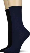 2 PAIR - HANES WOMENS WOOL BLEND CREW SOCKS - SIZE 5-9 - 1 BLACK, 1 BLUE
