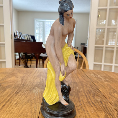 Sculpture 15  Tall Stamped/imprinted  10L L.R Base Woman Long Hair Yellow Cloth