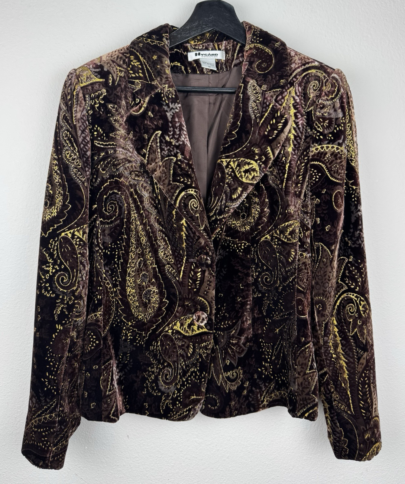 VTG Nygard Blazer Jacket Womens Size 10 Brown Gold Metallic Velvet Fairy Career