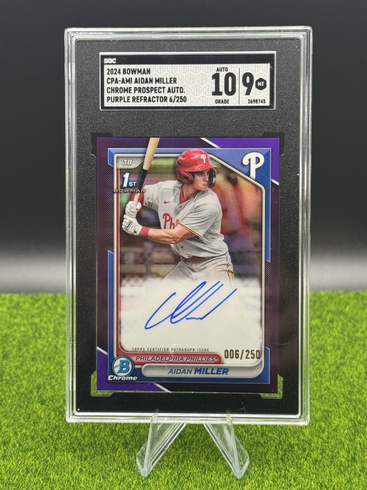 Aidan Miller 2024 Bowman Chrome 1st Prospect Purple Refractor Auto /250 SGC 9 10
