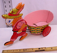 J CHEIN EASTER BUNNY PULLING BASKET LARGE TIN TOY 1950s