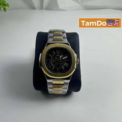Tevise Mens Automatic Mechanical Watch Two Tone Gold Silver Skeleton Black Dial