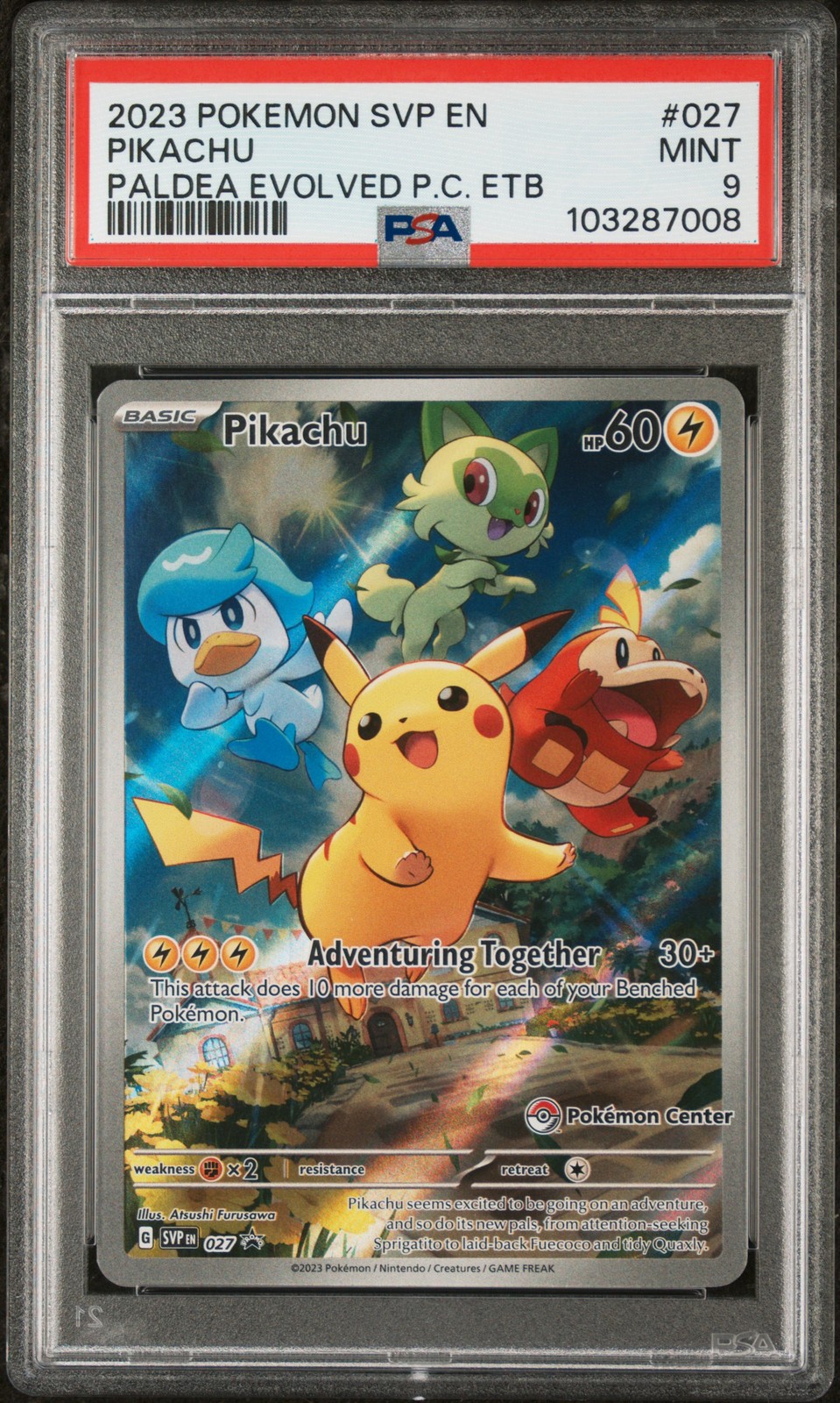 2023 POKEMON PALDEA EVOLVED POKEMON CENTER ETB PROMO SVP #027 PIKACHU PSA 9