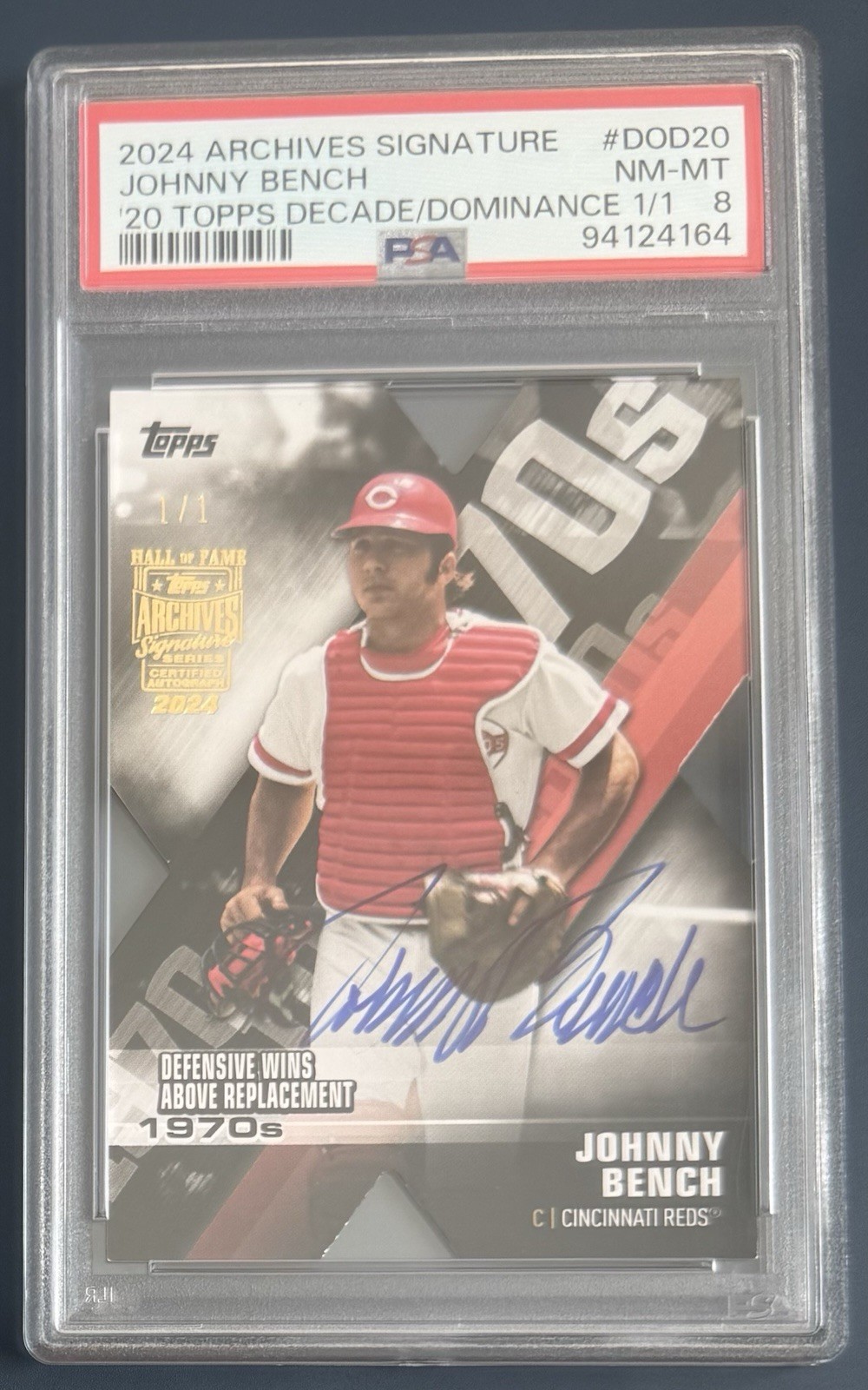 Johnny Bench Auto 1/1 2024 Topps Archives HOF Signature Series Decade Card PSA 8 view 1