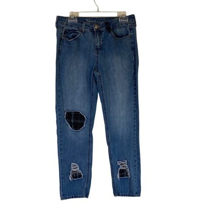 Natural Reflections Women's Blue Distressed Boyfriend Patchwork Jeans Size 8