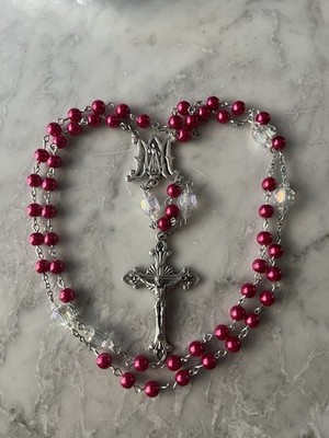 Handmade Divine Mercy Rose Red Glass Pearl/Clear Austrian Crystal Rosary