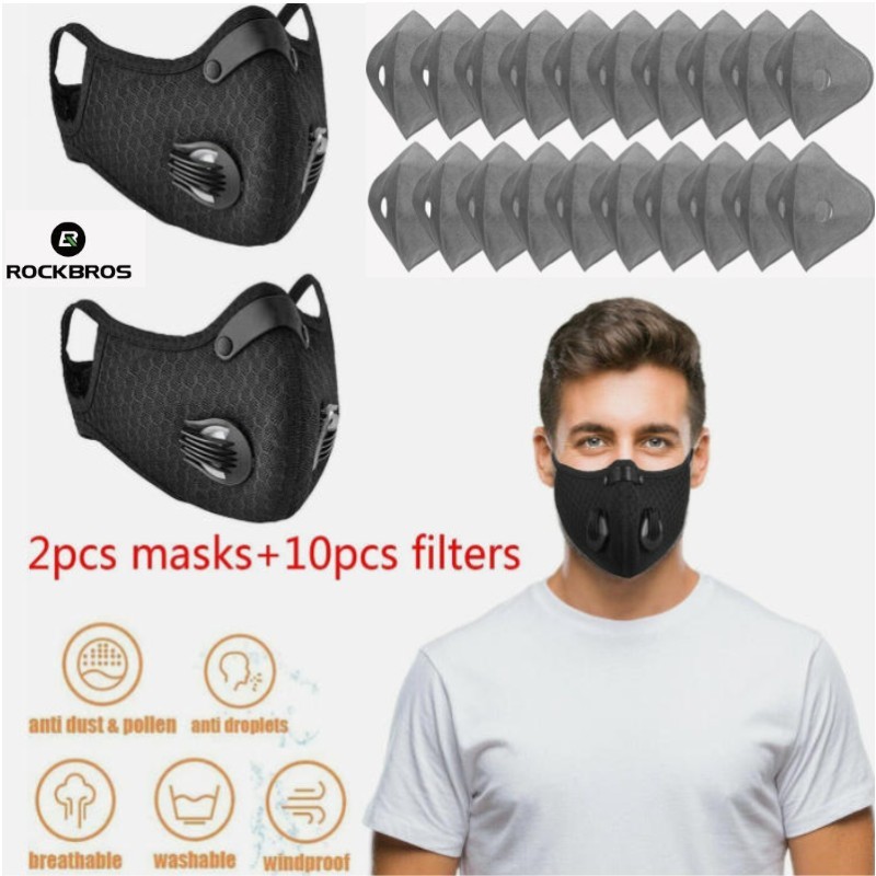 ROCKBROS 2*Face Mask+10*Active Carbon Filter Breathable Reusable Cycling Mask