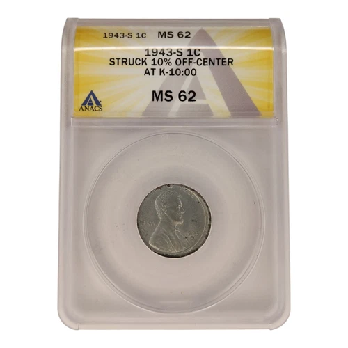 1943 S 10% Off Center Error Lincoln Wheat Cent ANACS MS 62 14B1