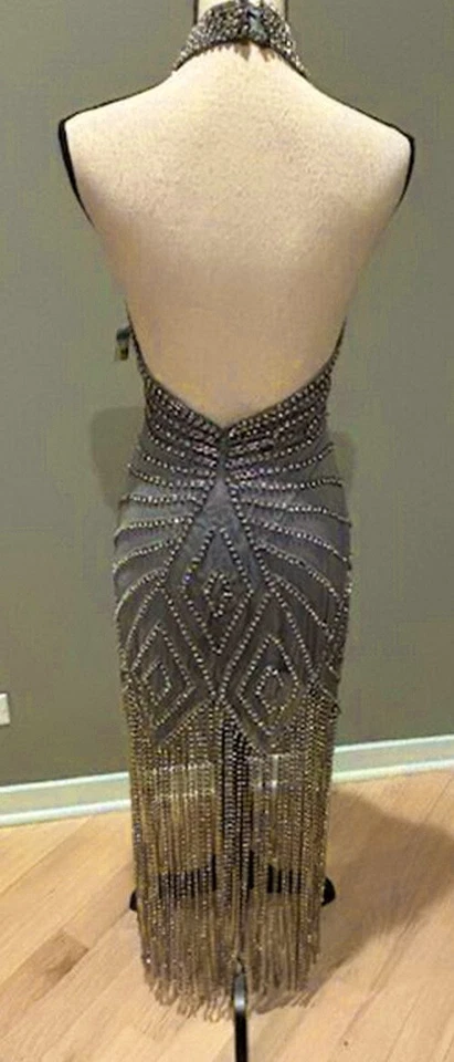 ASOS Design Silver Grey Halterneck Diamante Rhinestone Fringe Mini Dress 4 $259 - Image 2 of 2