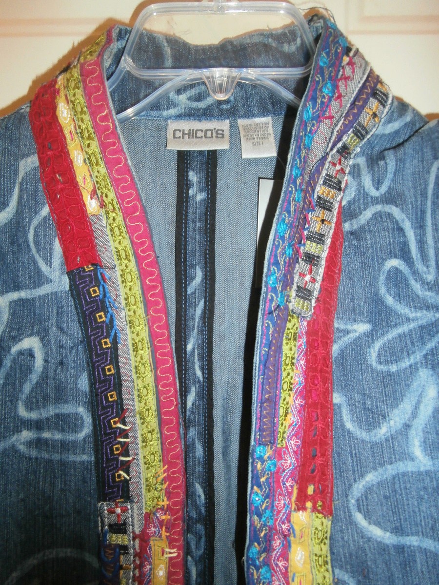 NWT NEW CHICOS JACKET TOP DENIM SIZE 1 EMBROIDERED HOOK CLOSURE | eBay