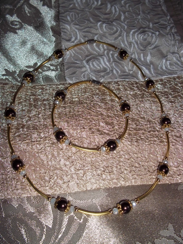 CONJUNTO Pulsera Collar Cuentas CRISTAL Marrón Perla y Cierre Magnético N-38 Foto 3 de 3