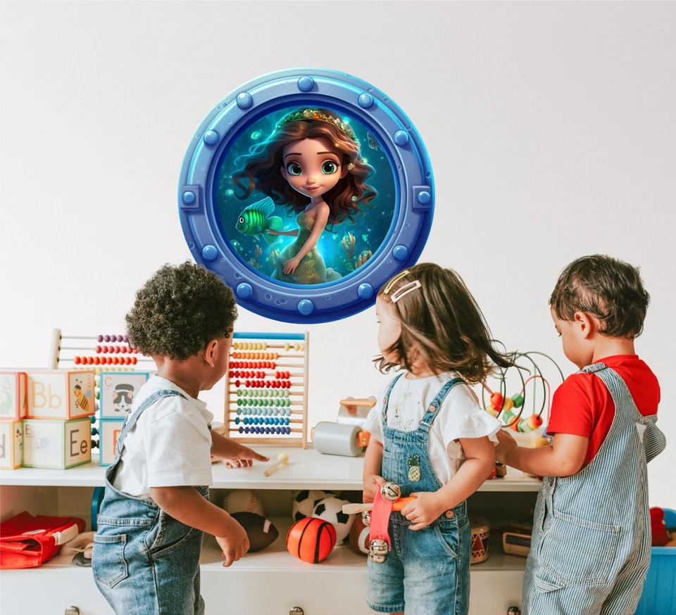 Calcomanía de pared de ventana 3D ojo de buey dibujos animados sirena #3 océano vida marina arte de pared decoración Foto 3 de 4