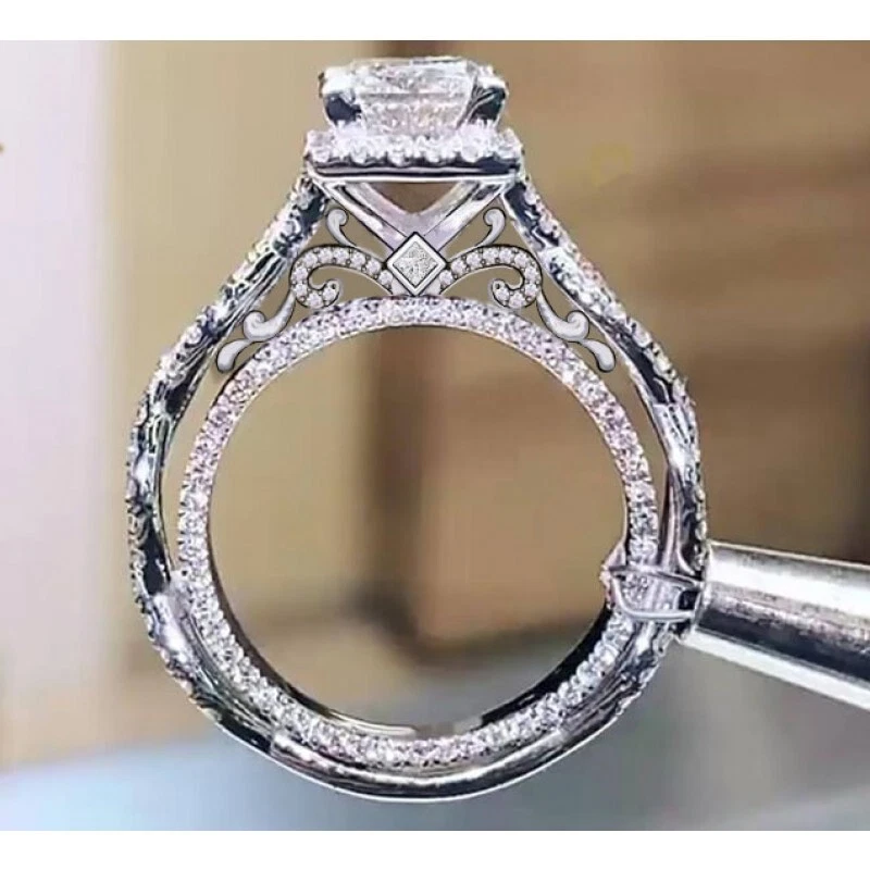 New JOANCEE Princess Cut White Sapphire 925 Twisted Halo Engagement Ring 7.5