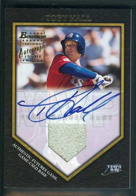 Toby Hall 2002 Bowman Autograph Auto Futures Game Used Base Tampa Bay Devil Rays