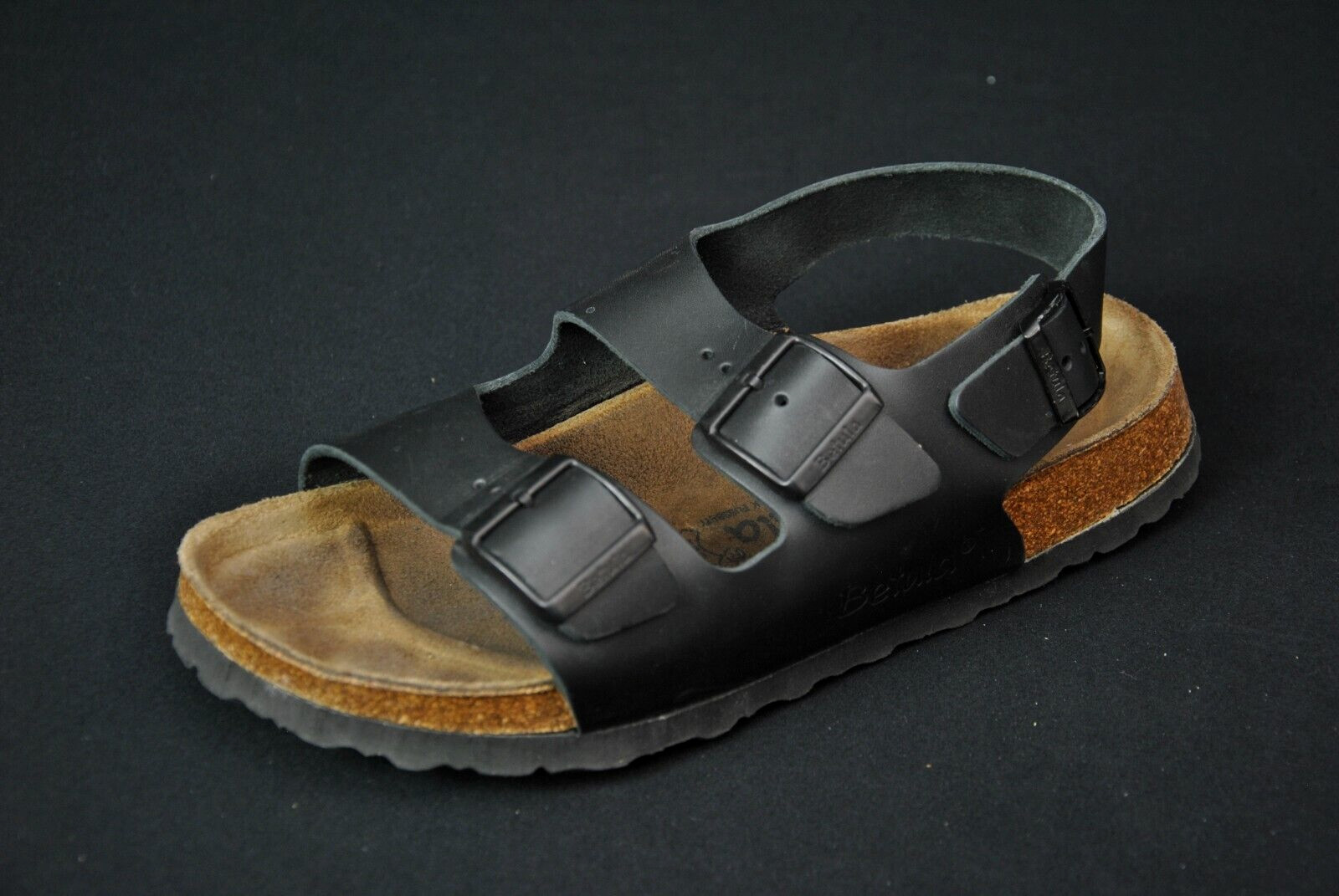 VTG Birkenstock Milano Black Leather Sandals 41 L 10 Narrow UNGLUED Sole Betula