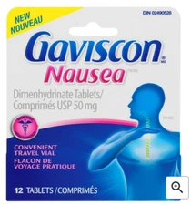 Gaviscon Nausea Dimenhydrinate Tablet Nausea Convenient Travel Vial 12pcs NEW