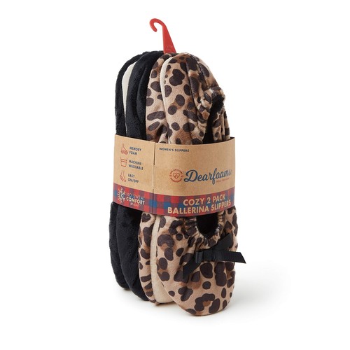 Dearfoams Ballerina Donna Layla Suola Scamosciata Nera e Leopardata (Confezione da 2), Medium - Foto 2 di 7