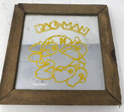 Vintage PAC MAN Carnival Glass Mirror Wooden Frame Rare 1980s