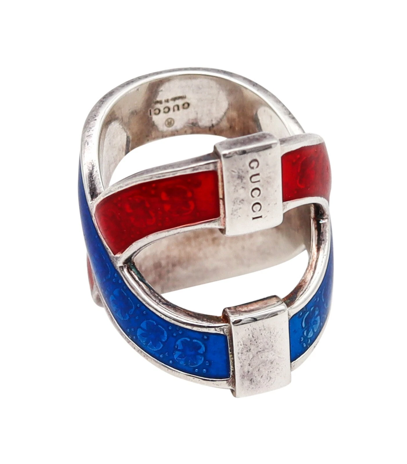 Bague émail vintage Gucci Milano rouge et bleu en argent sterling massif 0,925