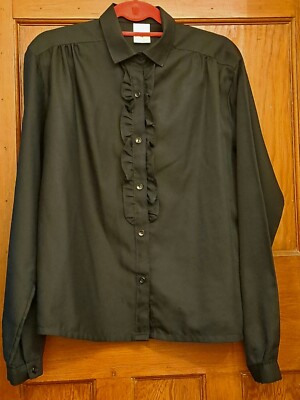 Vintage 60s 70s 80s Black Ruffle Front Blouse Shirt Retro Goth 