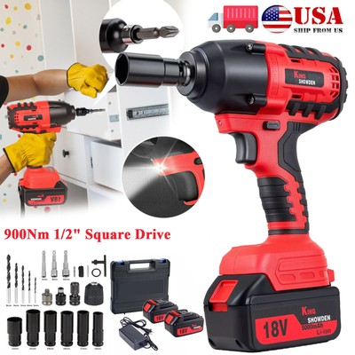 2-Battery Cordless Impact Wrench 900Nm 1/2'' Brushless High Power Driver+Charger
