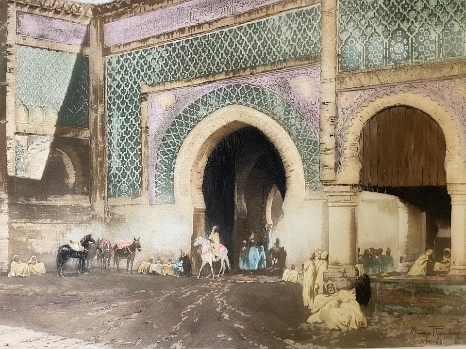 Aquatinte orientaliste, signée Maurice Romberg "Porte Bab Mansour" Meknès Maroc - Photo 3/4