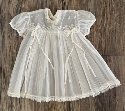 Vtg Carol Joy Creation Baby Christening Baptism Dress White Sheer Embroidery 70s