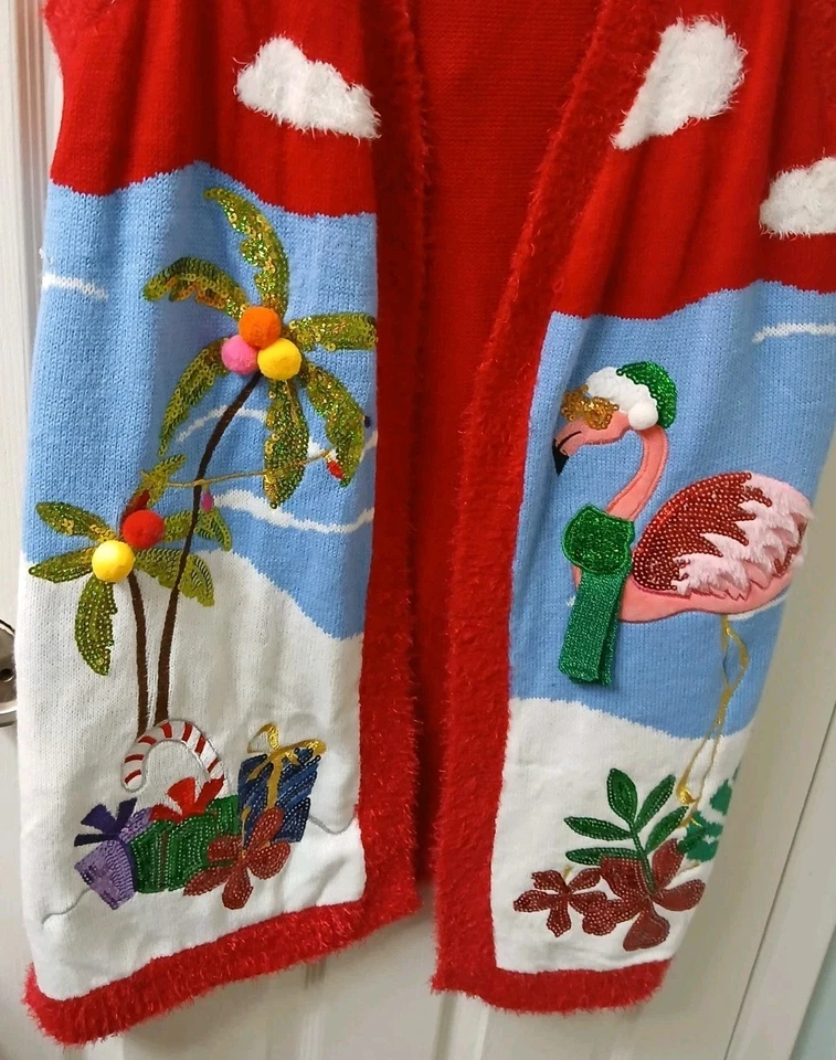 Cárdigan suéter de Navidad feo para mujer Blizzard Bay talla L lentejuelas y flamenco Foto 2 de 4