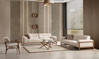 Designer Beige Sofagarnitur Hochwertig Wohnzimmer Dreisitzer Polster Sessel Set