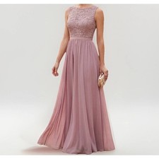 Mauve Pink Lace Chiffon Maxi Dress Bridesmaid Prom Formal XS/S