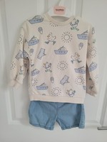 New M&S Denim Mix 2pc Cotton Rich Seagull Sweatshirt Shorts Outfit Set 18-24M