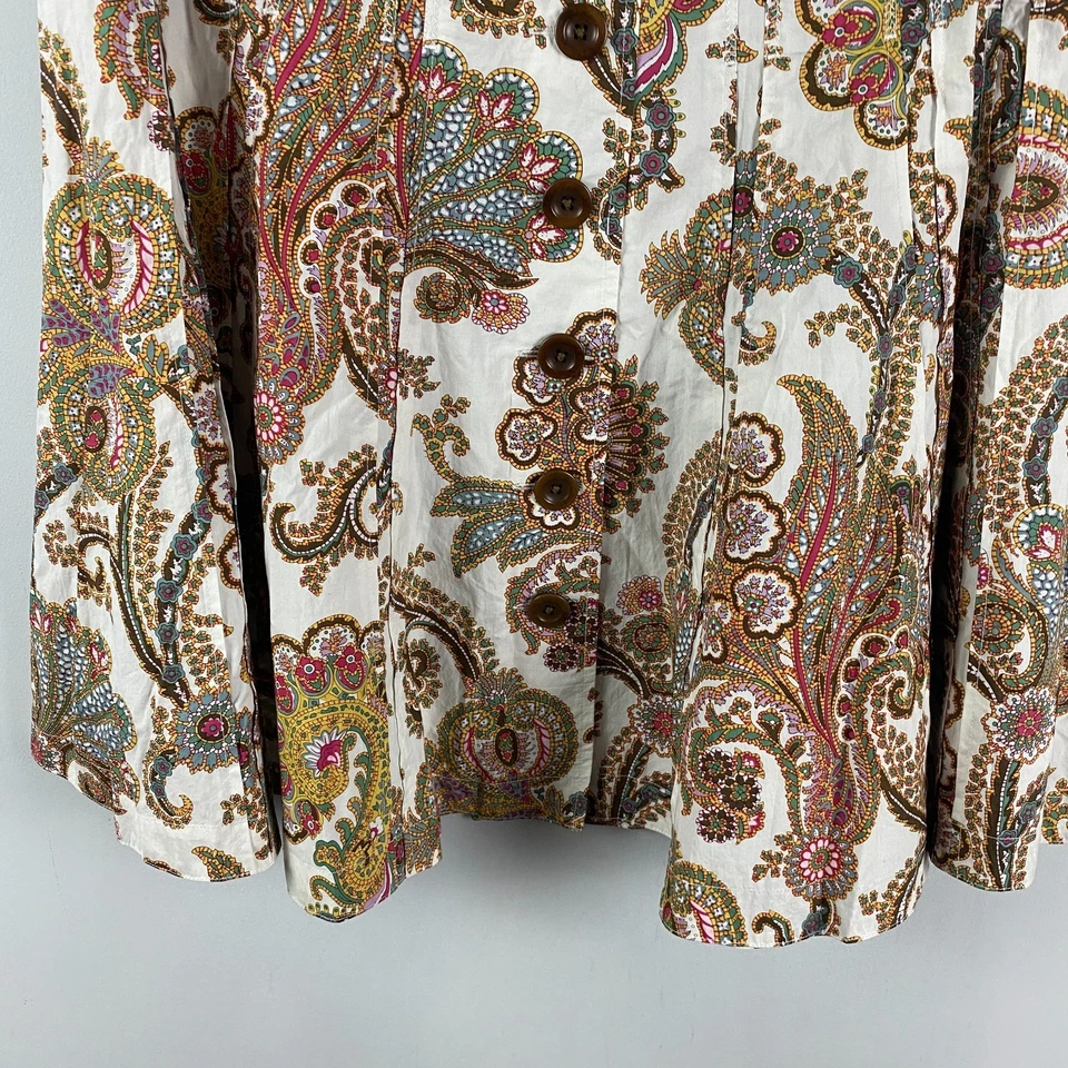 CAbi Cotton Retro Boho Paisley Fit & Flare Skirt Size 14 Pleat Faux Button-Front - Image 3 of 4