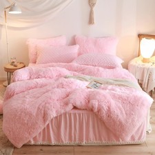 Fluffy Pink Comforter Cover Queen Set, Soft Furry Shaggy Pink Bedding Queen S...