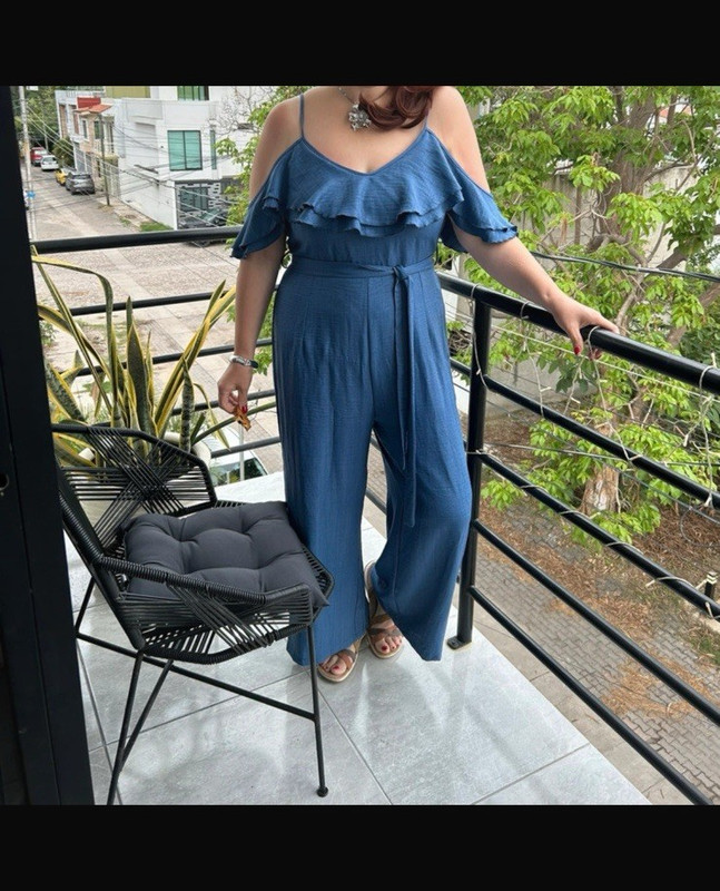 Women's Blue Solid V-Neck Cold Shoulder Ruffle Belted Wide-Leg Jumpsuit XL