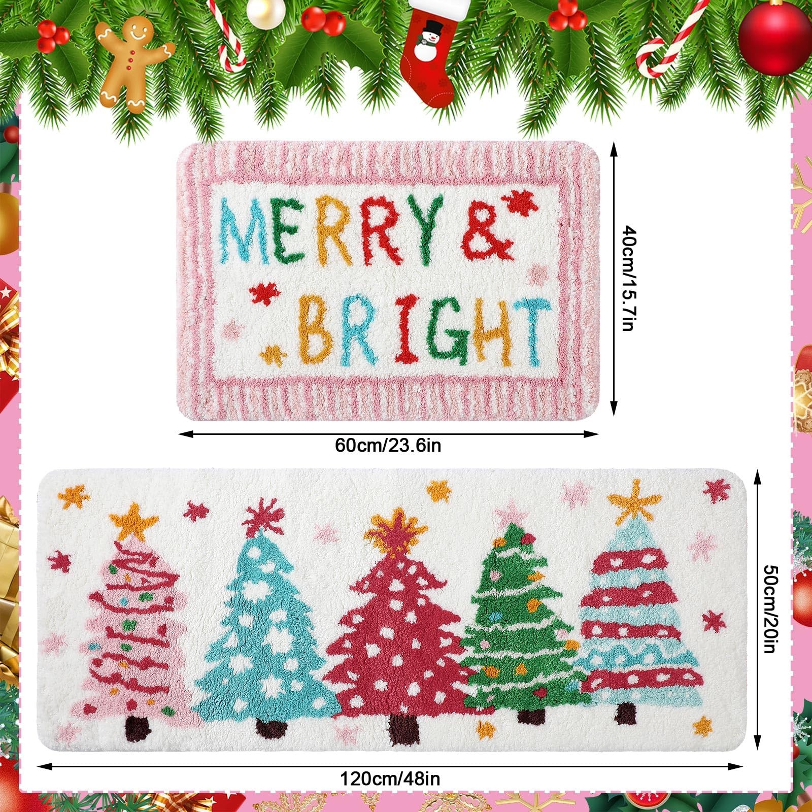 2 Pcs Christmas Bathroom Mat Set Soft Plush Pink Christmas Tree Bath Rugs Non...