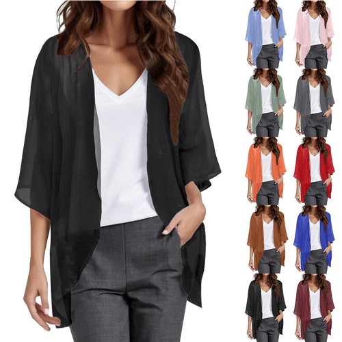 Women's Solid Color Puff Sleeve Kimono Cardigan Loose Cover Up Casual Blouse Top