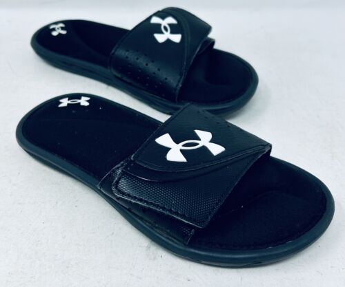 Under Armour Youth Size 1 Y Slides Black White - Adjustable Strap - NWOT!