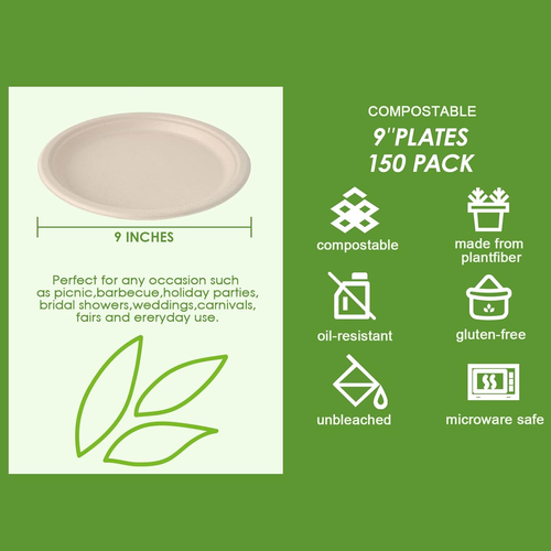 Vplus 150 Pack Paper Plates 9 Inch 100% Compostable Plates Heavy-Duty Disposable - Picture 3 of 14