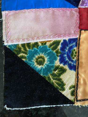 Crazy Quilt Piece Block Hand Pieced Patchwork Early Fabrics Folk Art 17” X 17” - Picture 6 of 9