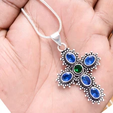 Multi Tanzanite & Diopside Gemstone Cross 925 Sterling Silver Mom Gift Jewelry