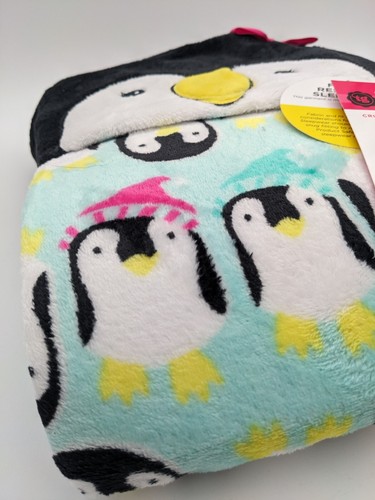 Hooded Blanket Lightweight Fleece 45" x 60" PENGUIN Blue Winter Animal Hood - Picture 3 of 6