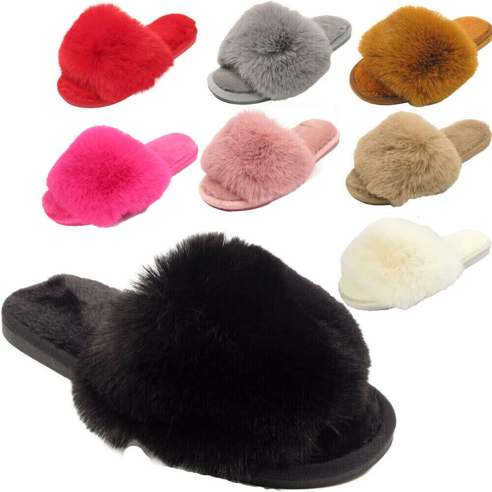 WOMENS SLIP ON WARM FLUFFY FURRY OPEN TOE WINTER FAUX FUR LADIES SLIDERS SLIPPER