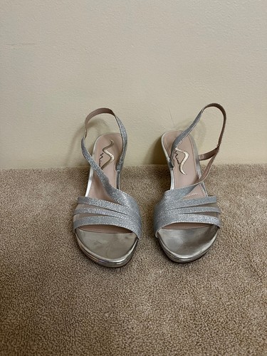 Nina Womens SilverGlitter Sparkle Heels Slingback Open Toe Strap Dress Shoe 7.5M - Picture 2 of 6