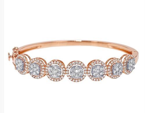 Round Cluster Halo 2 1/5 CT Real Diamond Bangle Bracelet Gold 10MM 6.25" - Picture 4 of 9