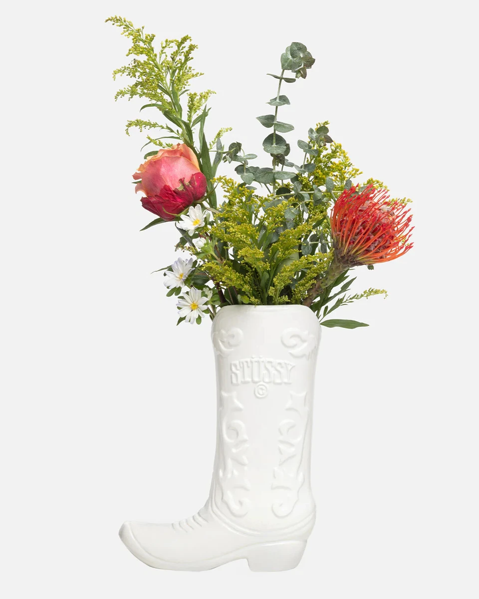 Stussy White Ceramic Cowgirl Cowboy Boot Vase Planter Plant Pot Sold Out! Yeehaw
