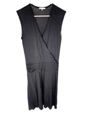 James Perse LA Deep V-Neck Dress Sz 4 WTJ6086 Black Ruched Jersey Knit Tencel