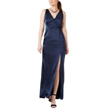 ADRIANNA PAPELL Women's Navy Hammered Satin Slit Evening Ball Gown Dress 10 TEDO
