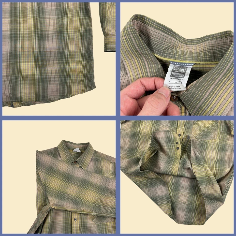 Y2K The North Face L shirt, vintage mens green & beige long sleeve button down - Image 3 of 4