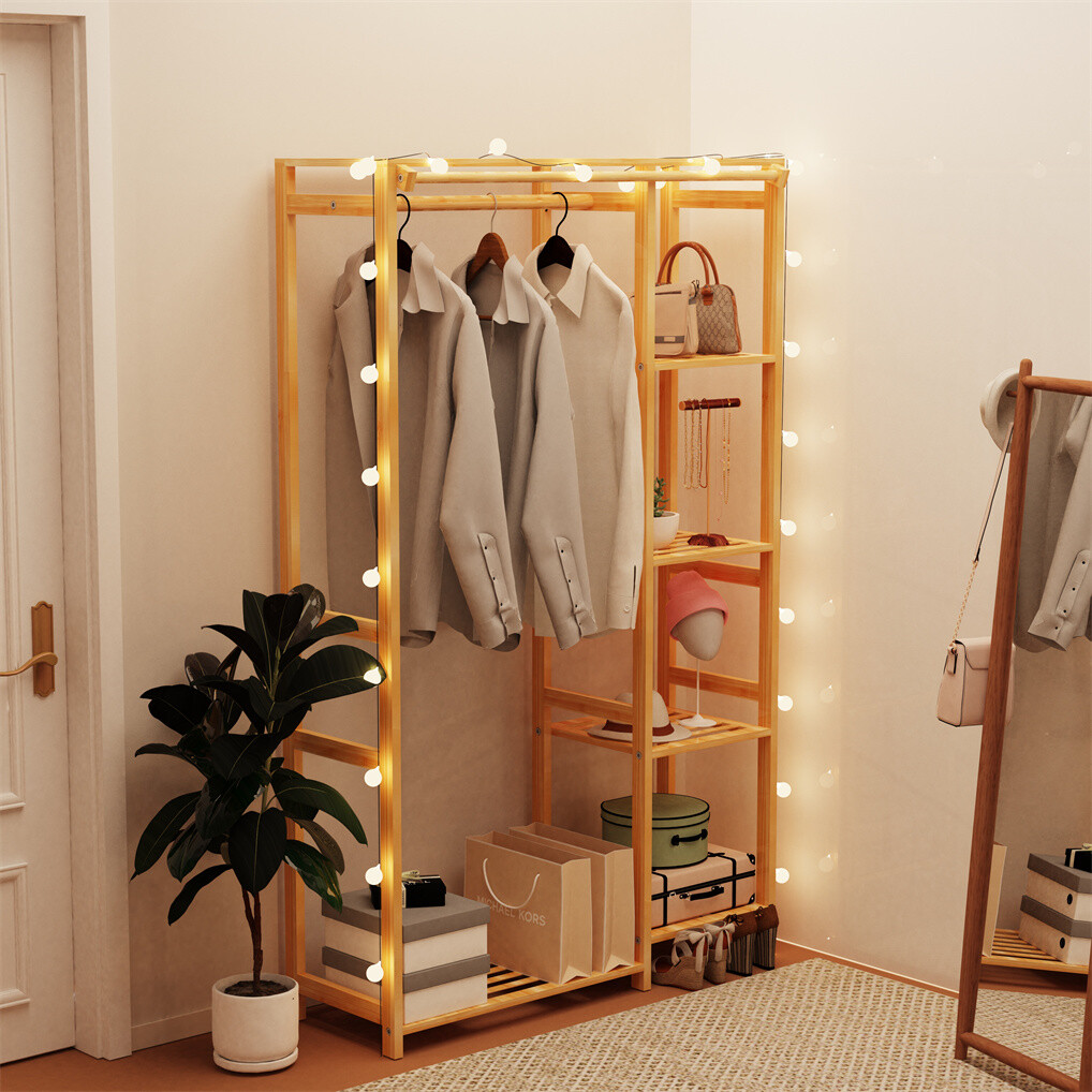 Coat Pants Rack Wardrobe with Hanging Rod Dustproof Curtain Bamboo Clothes  Stand | eBay