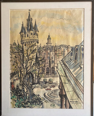 Ink/Watercolor Sign. Manis Wilson City View Eschenheimer Tower Frankfurt